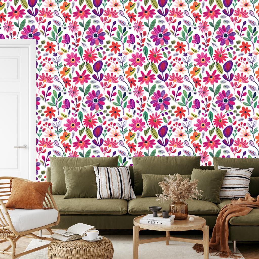 Wallpaper Flowers and Leaves White and Powder Pink for Living Room and Bedroom 50x1000