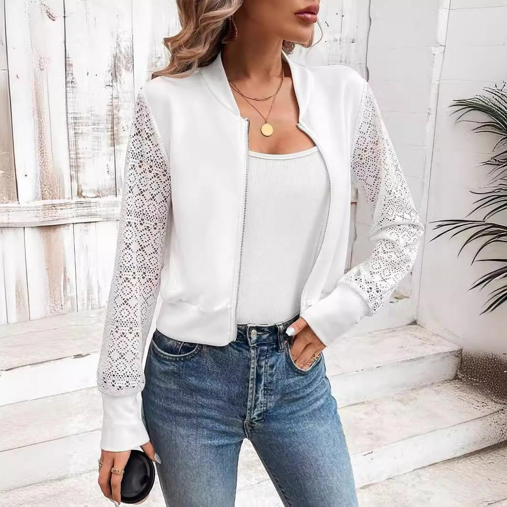Herbst und Winter Damen Elegante Spitze Patchwork Aushöhlen Lässige Baseballjacke