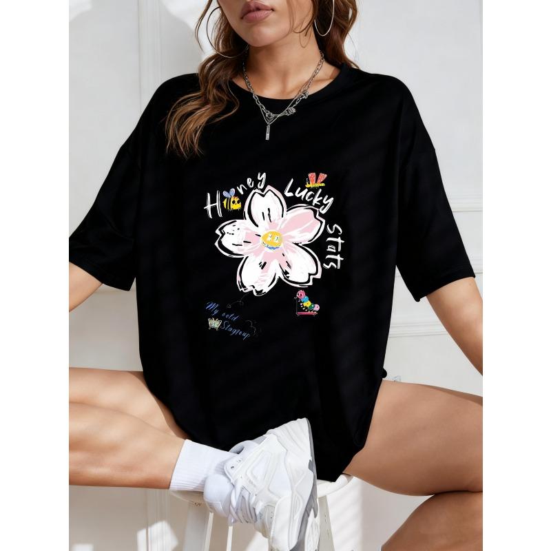 Vit Överdimensionerad T-shirt Med Blomma Och Lycklig Texttryck För Vardagsbruk