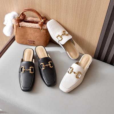 Cuir demi-traîne escarpins à talons hauts à talons épais printemps 2025 nouveau polyvalent tête carrée sac tête chaussures Muller porter sandales chaussures pour femmes