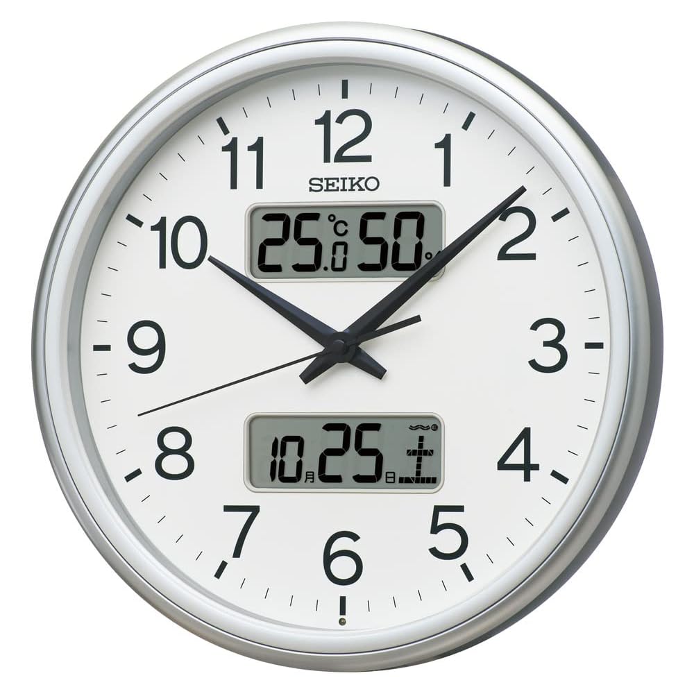 [2-Year Manufacturer s Extended Warranty] Seiko Clock Radio-Controlled Analog Wall Clock with Calendar, Temperature, and Humidity Display, Silver Meta