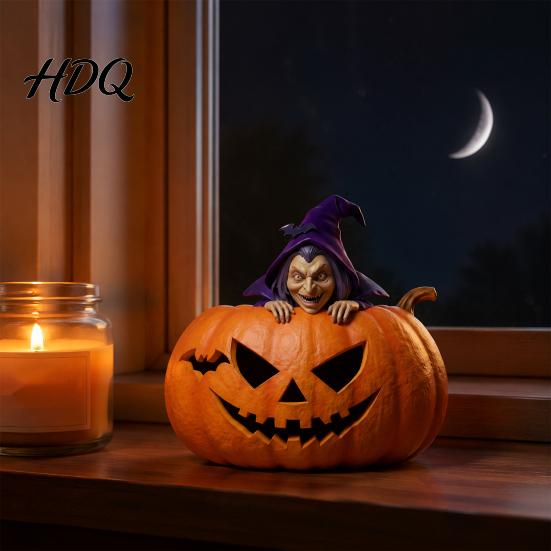 Compact Witch Sculpture Halloween Resin Pumpkin Figurine, Spooky Bat Detailed Tabletop Decor, Stable Base Mini Statue for Window Showcase Home