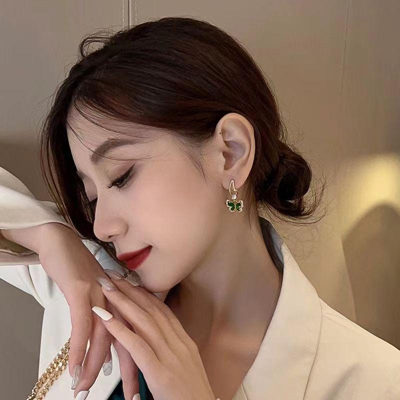 S925 Silver Pin Green Stone Zircon Butterfly Earrings for Women