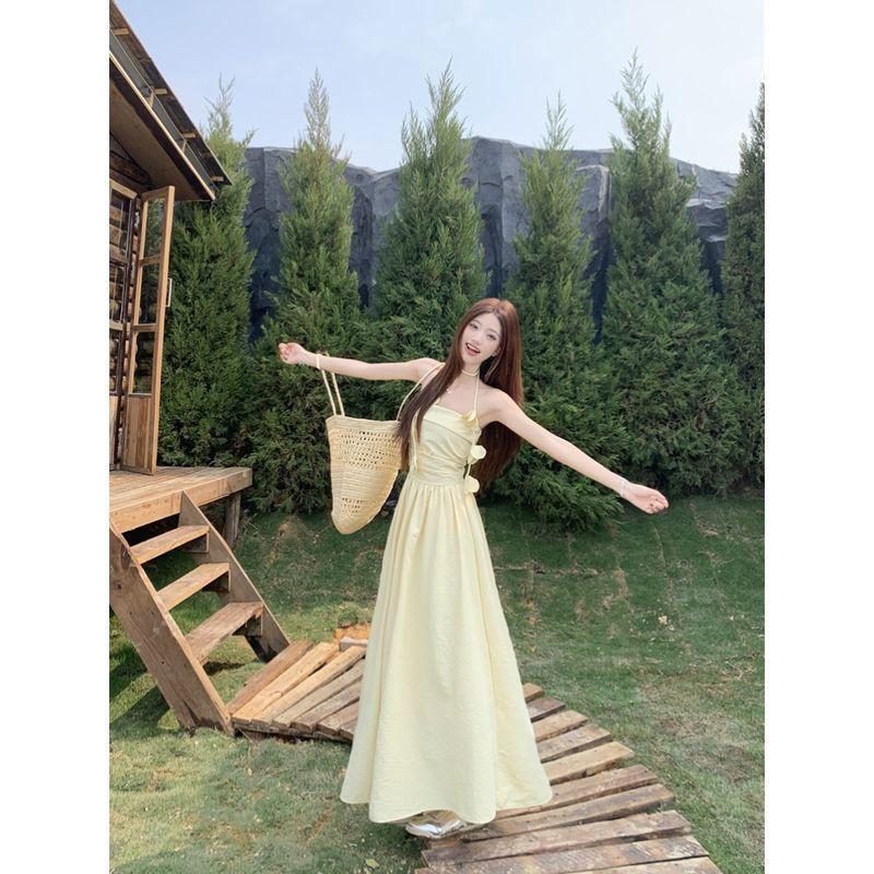 Kumikumi French Style Gentle Style Yellow Hanging Neck Tube Top Dress Women Summer Waist Hugging Slimming A- Line Skirt Long Dress