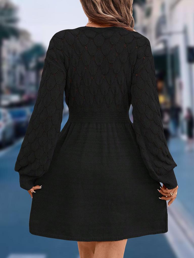 Scale Pattern 3D Knitted Dress New V-Neck Beach Dress A-Line Long Sleeve Dress
