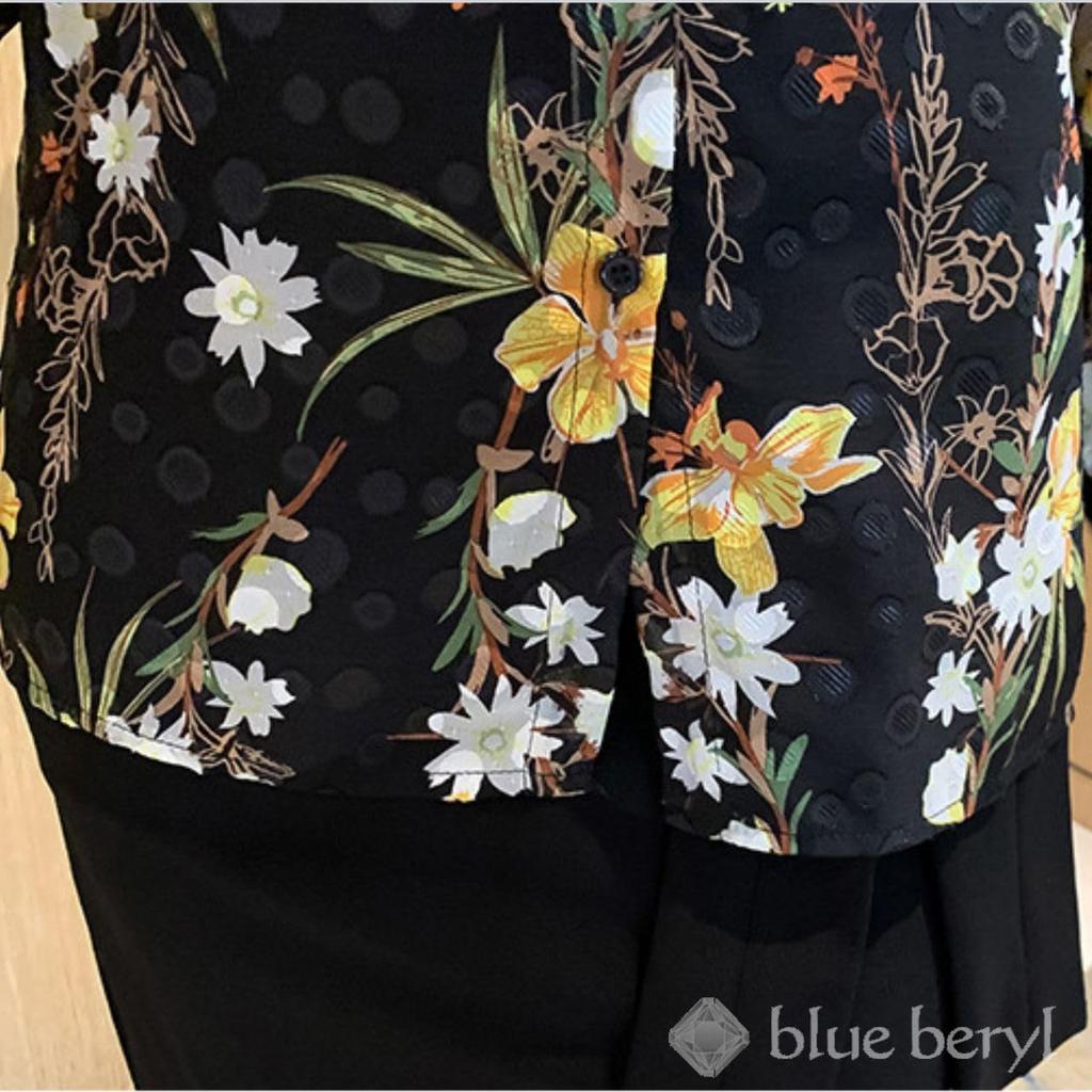 Bluse aus blauem Beryll-Chiffon mit Blumendruck und Tupfen, Puffärmel lang, Standard locker, Damenmuster, Ärmel, Ärmel, Durchsichtig, Farbe, Passform, BB068-BK-XL