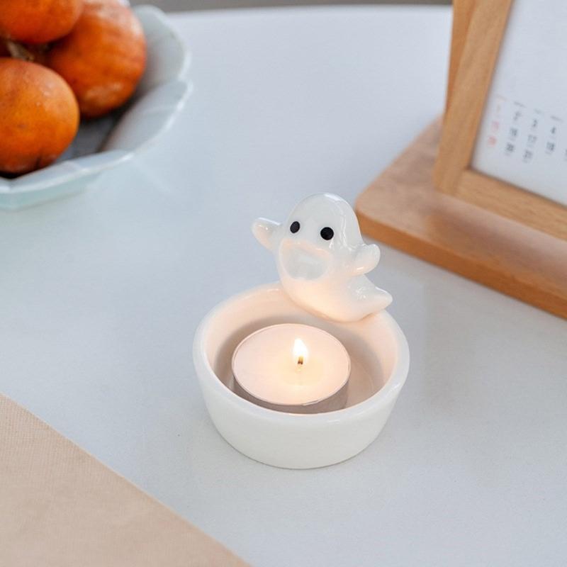 Ceramics Cartoon White Ghostly Figurine Candle Holders Halloween Tealight Holders Candlestick Table Decors for Festivals