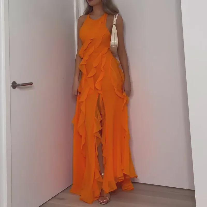 

Європейська та американська сексуальна сукня без рукавів з рюшами та розрізом S помаранчевий