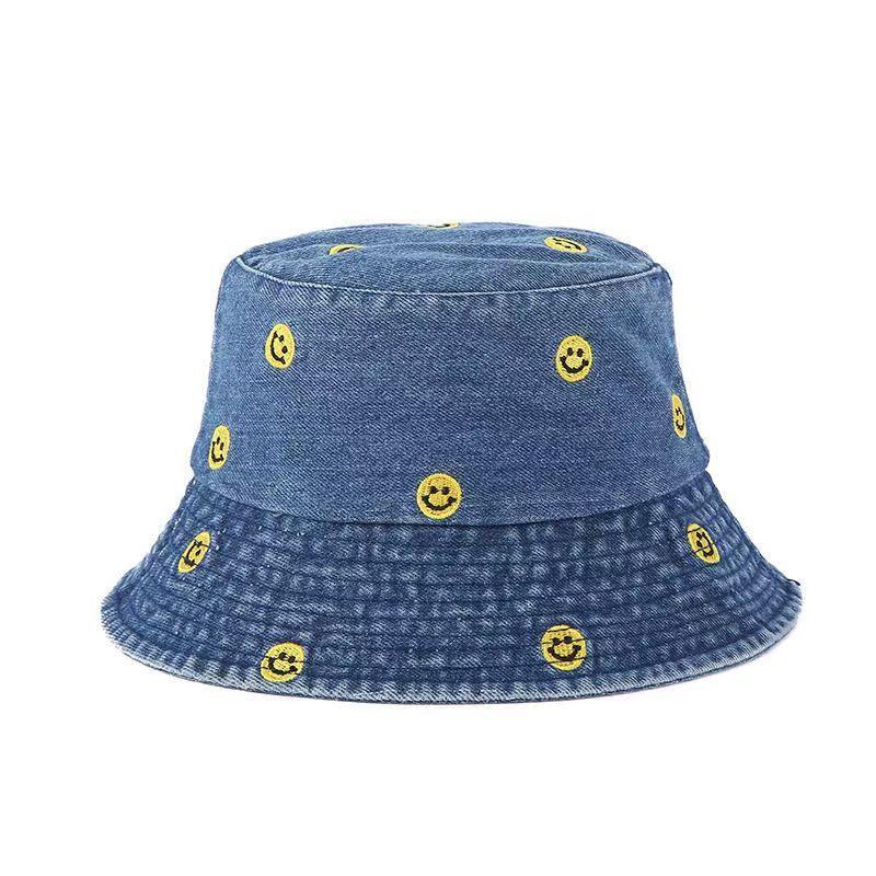 Chic cute smiley denim bucket hat female summer versatile student travel sunshade sunscreen hat tide