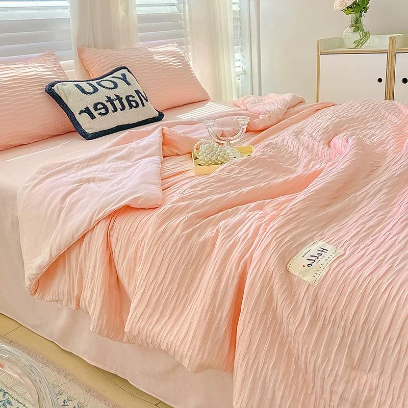 Korean Style Seersucker Washed Cotton Summer Quilt Four-Piece Set Bare Sleeping Quilt Summer Blanket Airable Cover