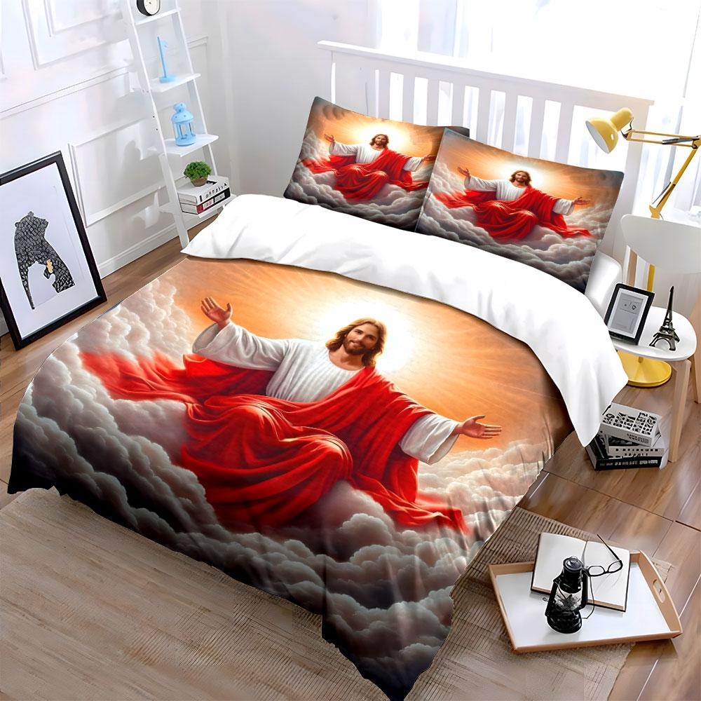Jesus Sat Radiantly In The Clouds Duvet Cover Set With 3D Printing Design Soft Polyester Bedding Set All-Season Comfort