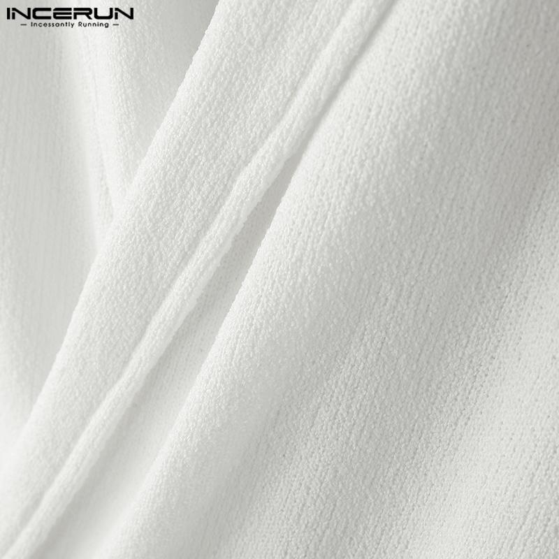 INCERUN Men V Neck Front Cross Lace-up Semi-Sheer Casual Texture Tops