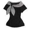 Plaid Pattern Irregular T Shirts Navy Collar Y2K Style T Shirts Sailor Collar Tops  For Women