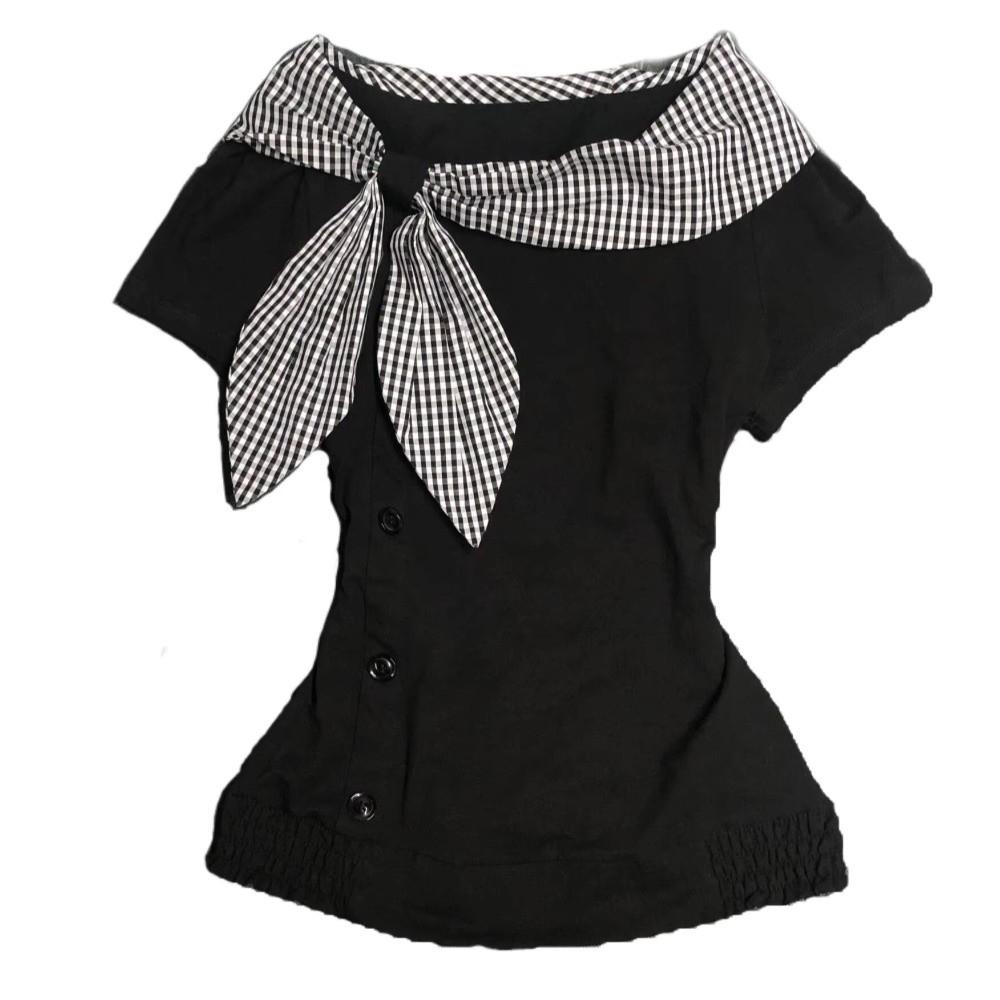 Plaid Pattern Irregular T Shirts Navy Collar Y2K Style T Shirts Sailor Collar Tops  For Women