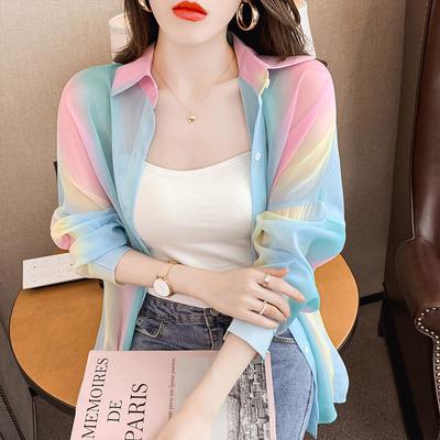 Polo-Neck Rainbow Casual Thin Women's Clothing Chiffon Tie Dye Single Breasted Open Stitch Spring Summer Women's Clothing Youth Plus Size