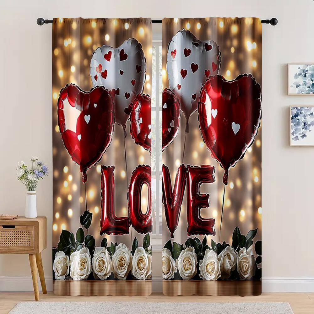 2pc, Window Curtains Valentine's Day Truck Background Romantic Love Balloons Versatile Fabric,Without Electricity Festive