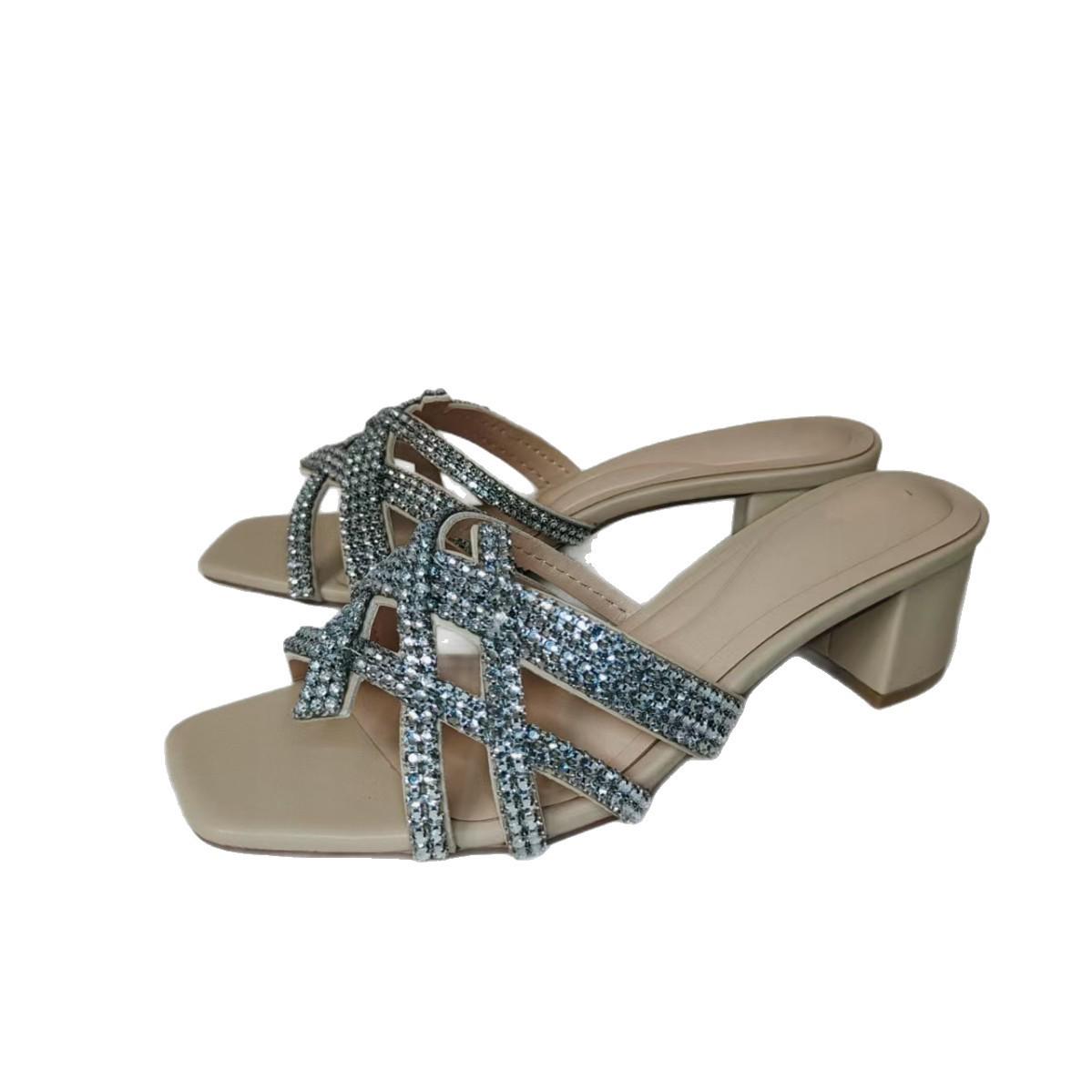 Женские европейские и американские босоножки на массивном каблуке со стразами - Лето 2025 Size 40 2980₽