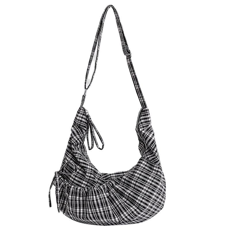 Вместительная клетчатая холщовая сумка кроссбоди - корейский стиль, осенняя мода чёрный