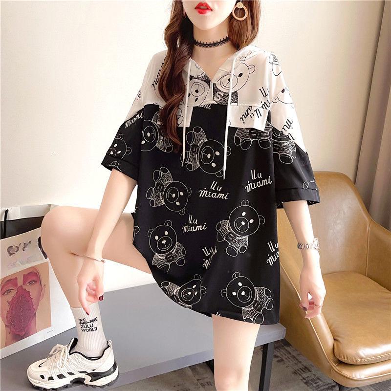 Damen Sommer T-Shirts mit Kapuze und kurzen Ärmeln, Übergröße, koreanischer Stil, lockere, übergroße Oberteile mit Cartoon-Motiv und süßem Bären-Print