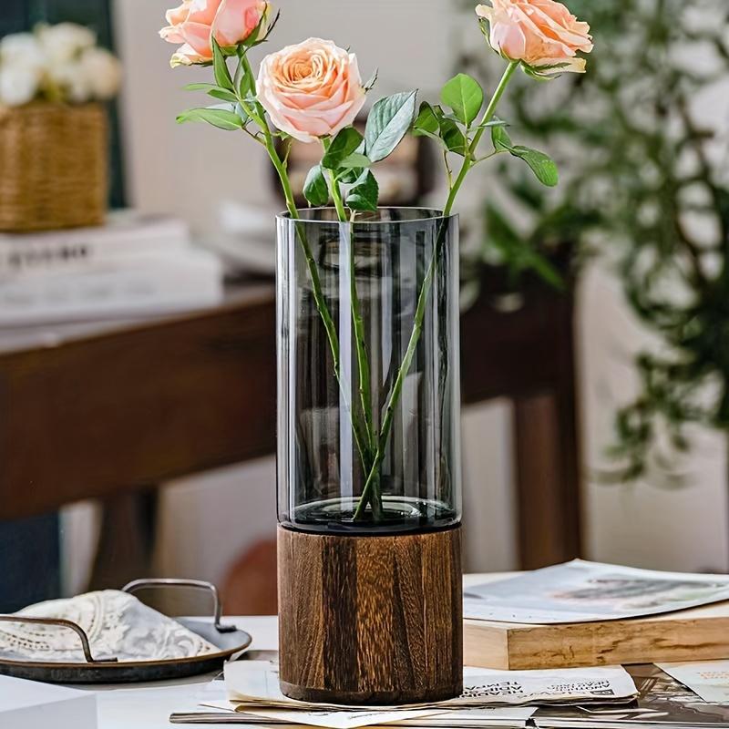 Elegant Glass Vase with Wooden Base for Hydroponic Plants, Modern Tabletop Floral Arrangement Home Decoration