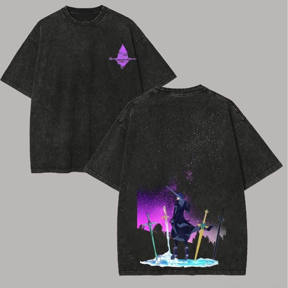 Sword Art Online Kirito & Asuna Vintage Washed T-Shirt Anime Couple Graphic Black Cotton Oversized Streetwear Tee