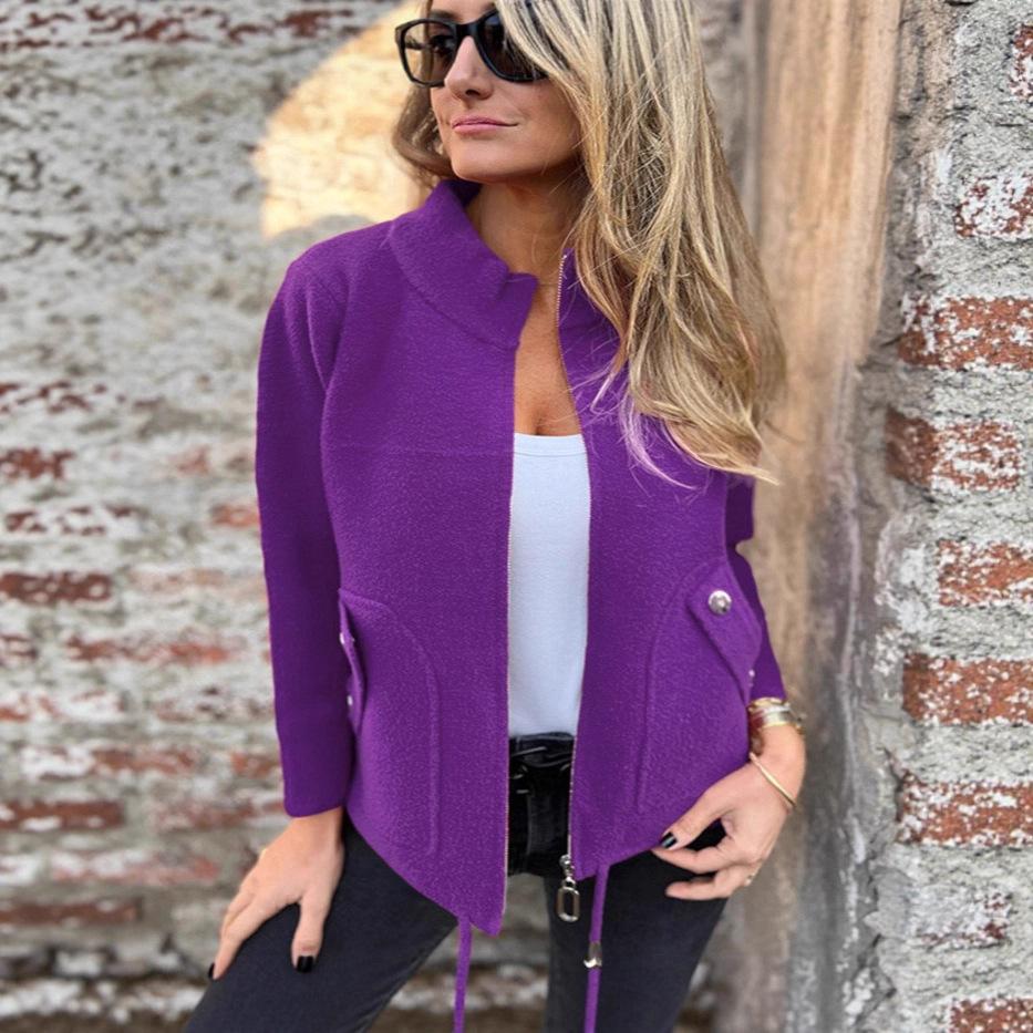 Women's Grey Stand Collar Short Jacket with Multiple Color Options