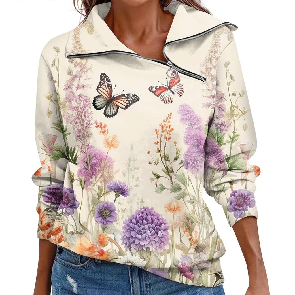 Damen Herbst und Winter Top mit Reißverschluss, lässiges Langarm-Top mit Retro-Blumendruck