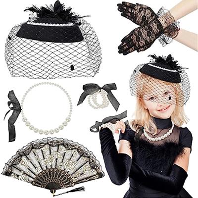 20s Hat Headpiece Veil Gloves 1920s Party Outfit Flapper Style Hat Headband For Women Girls Stage Performance Gatsby Accessories Set