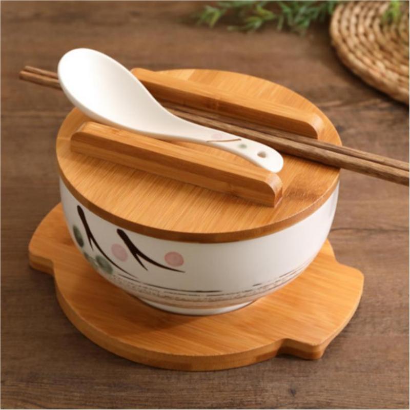 Bol à Nouilles de Riz Style Japonais Avec Couvercle Cuillère Et Baguettes Vaisselle de Cuisine Bol à Salade Soupe en Céramique Récipient Alimentaire Vaisselle