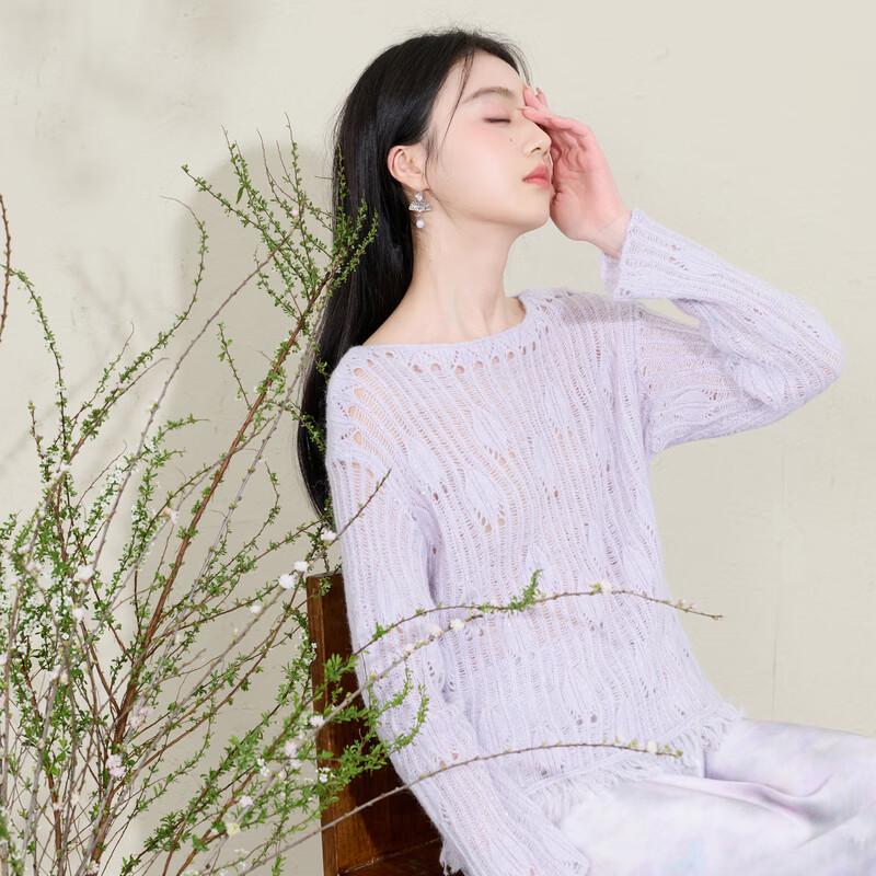Sancai New Chinese Style Off-Shoulder Hollow Knit Sweater