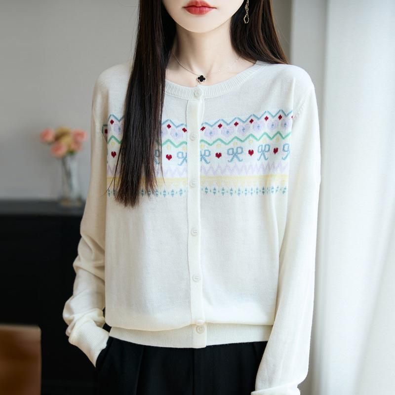 2026 Autumn Women's Color Block Wool Knit Cardigan - Jacquard Round Neck, Korean Style