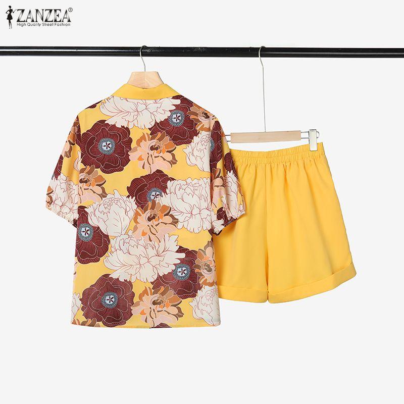 ZANZEA Women Short Sleeve Floral Blouse and Shorts Summer Two Piece Suit Sets