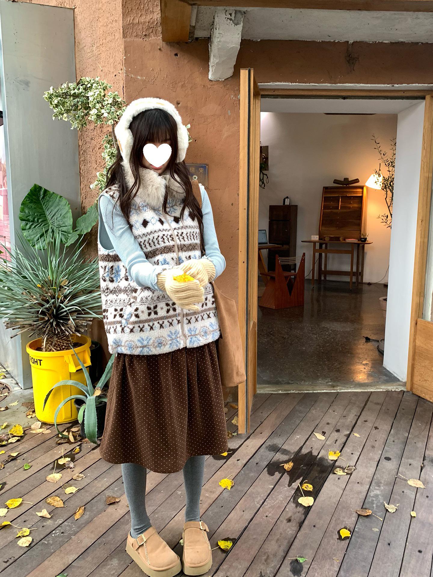 Polka Dot Corduroy A-Line Skirt - Korean Style Autumn 2025 M