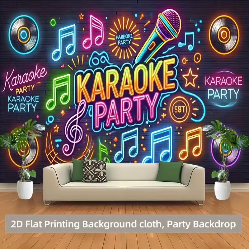 Karaoke Party Photo Booth Background, Neon Microphone & Vinyl Record Backdrop for Themed Events