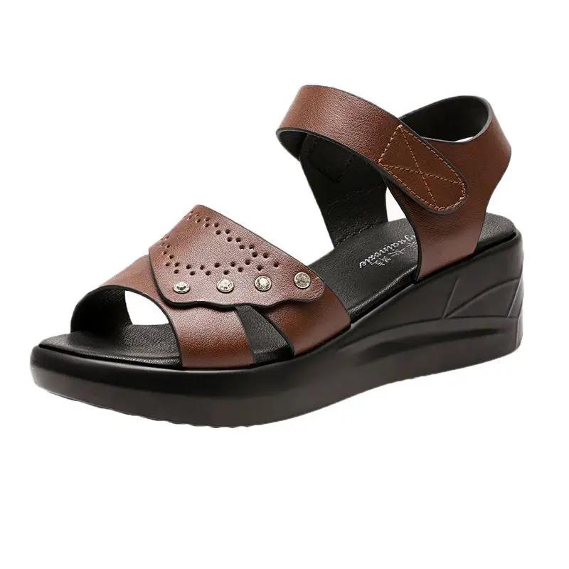 Fashion Wedges Heel Ladies Shoes Brown Leather No Summer 2024 Flat Rubber Footwear Sandals for Women Open Toe Outdoor Shoe Vip Sandal F