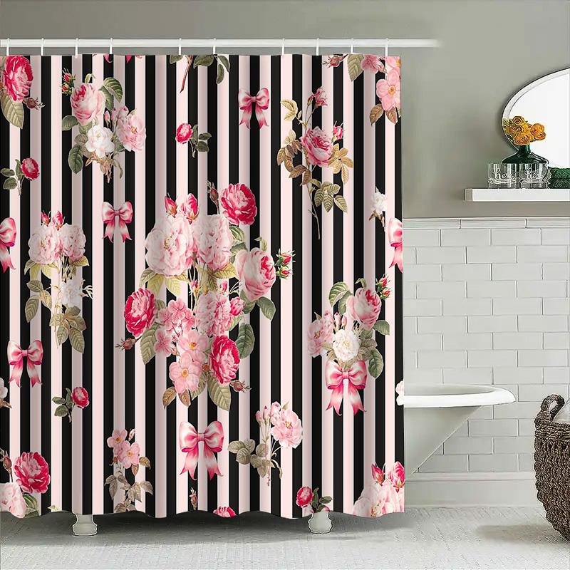 Floral Shower Curtain Botanical Flowers Pattern Waterproof Bathroom Decor Vintage Style Washable Fabric Curtain Nature Art