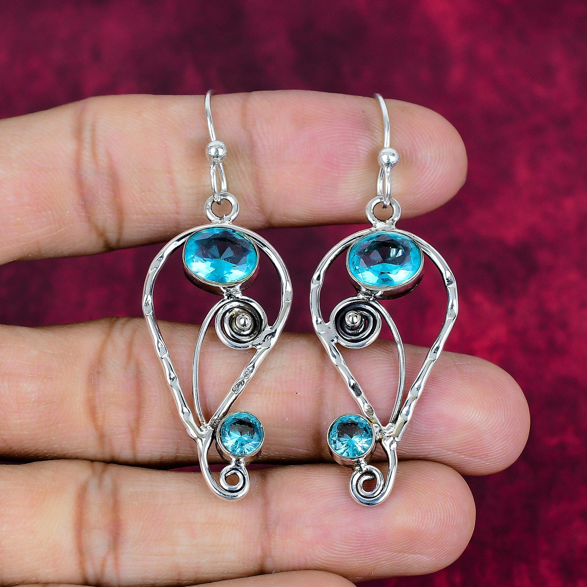 

Серьги с голубым топазом, ювелирные изделия из цельного серебра 925 пробы с драгоценными камнями, серьги ручной работы, на День благодарения 2.36 Inches синий