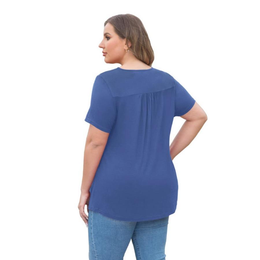 Short Sleeve Lace Hallow Out Patchwork Pleated A Line Casual T Shirt for Summer Women Plus Size Top