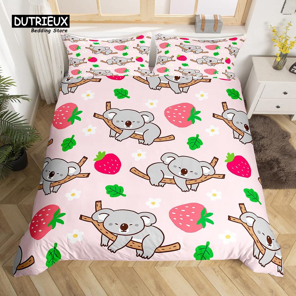 Kawaii Bear Duvet Cover Set Twin King Size Cartoon Animals Bedding Set Polyester Parachute Blue Sky White Cloud Comforter Cover