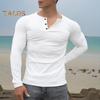 Spring Fall Men Top Buttoned Round Neck Slim Fit Long Sleeves Solid Color Pullover Mid Length Stretchy Sport Jogging T-shirt