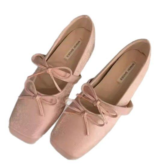 "Cream Cherry Blossom Powder" Girly Bow Inner Height Increase Single Shoes Women's Shallow Mouth Versatile Casual Mary Jane Shoes