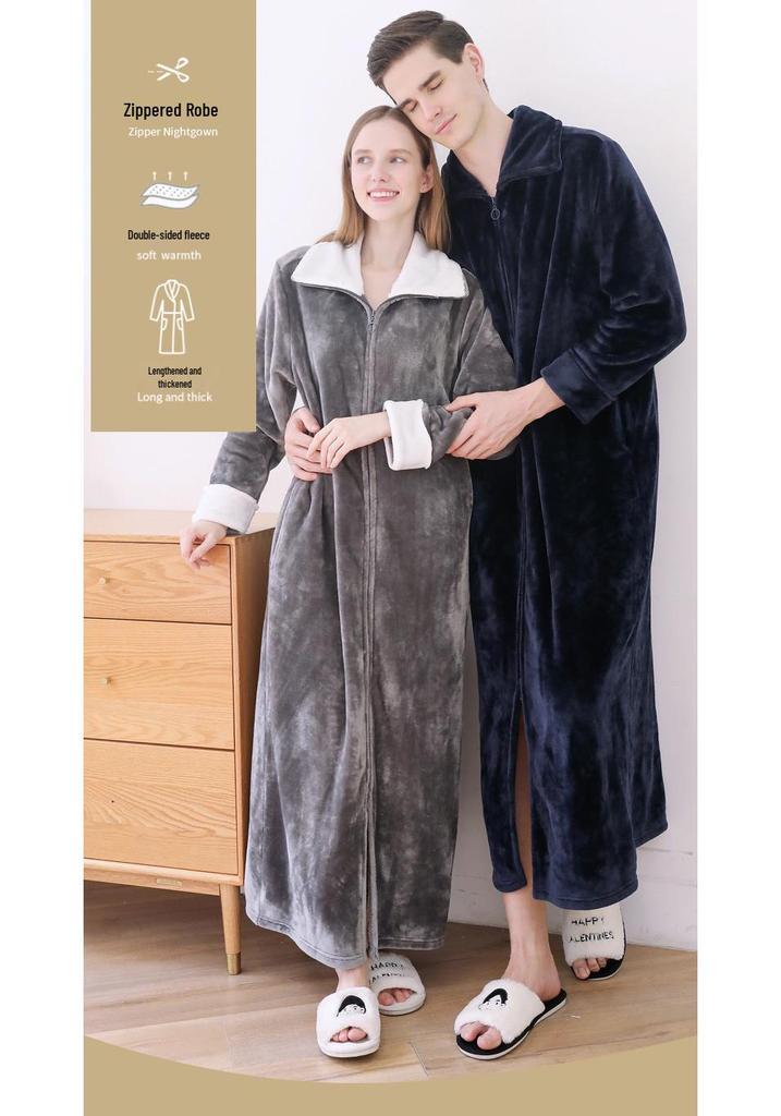 Women's Plus Size Long Nightgown - Double Zipper, Autumn/Winter Pajamas, Home Wear Robe