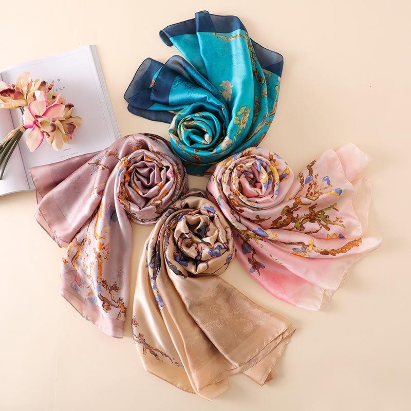 Sciarpa di Seta con Pittura a Olio di Van Gogh di Lusso alla Moda per Donna, Albicocca Floreale, Turbante di Seta per Testa, Hijab, Foulard, Snood