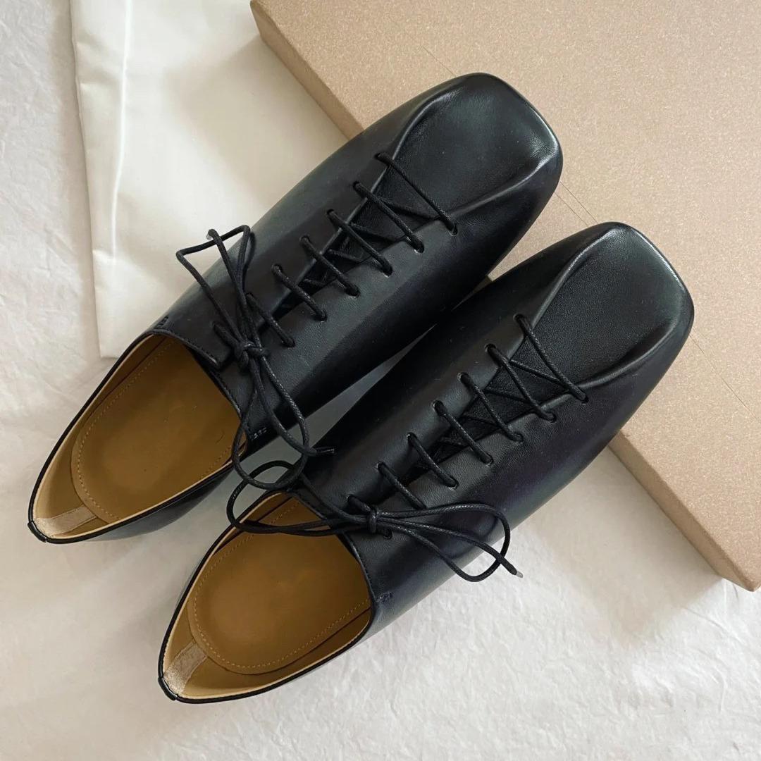 

Женские туфли на мягкой подошве в стиле ретро, ​​однотонные туфли на плоской подошве со шнуровкой и квадратным носком, легкие удобные лоферы Sapatos Femininos 35 чёрный