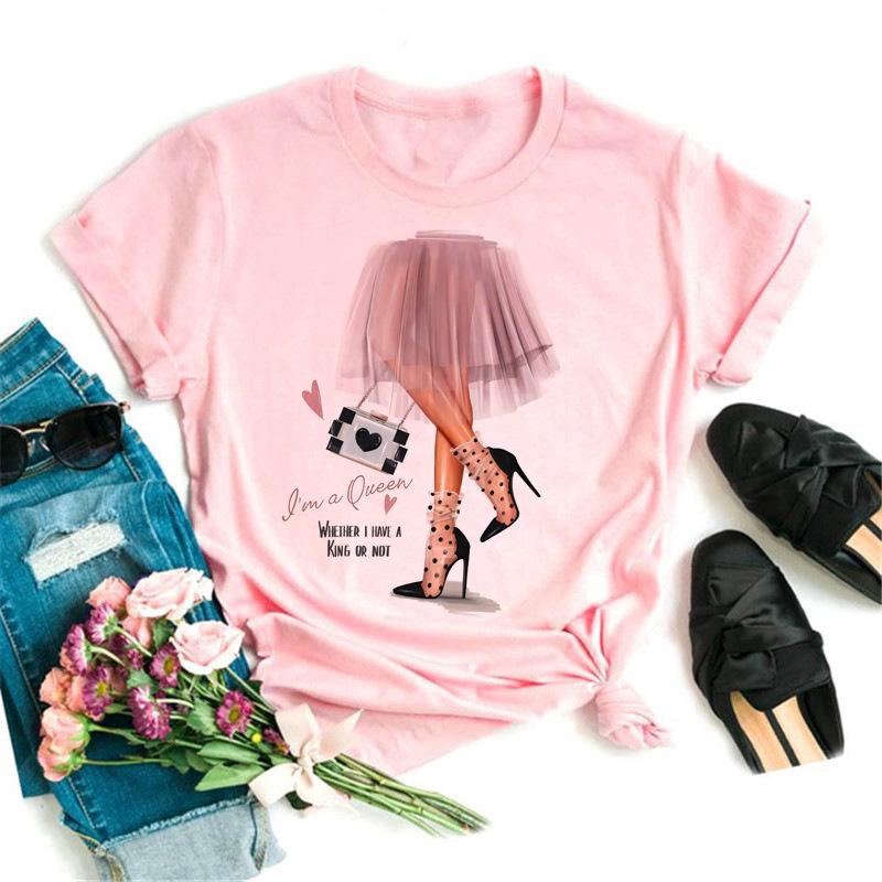 Women's Top Urban Girl Printed Casual White Cute Simple Retro Front Shoulder Pure Cotton Short Sleeved T-Shirts Women’s