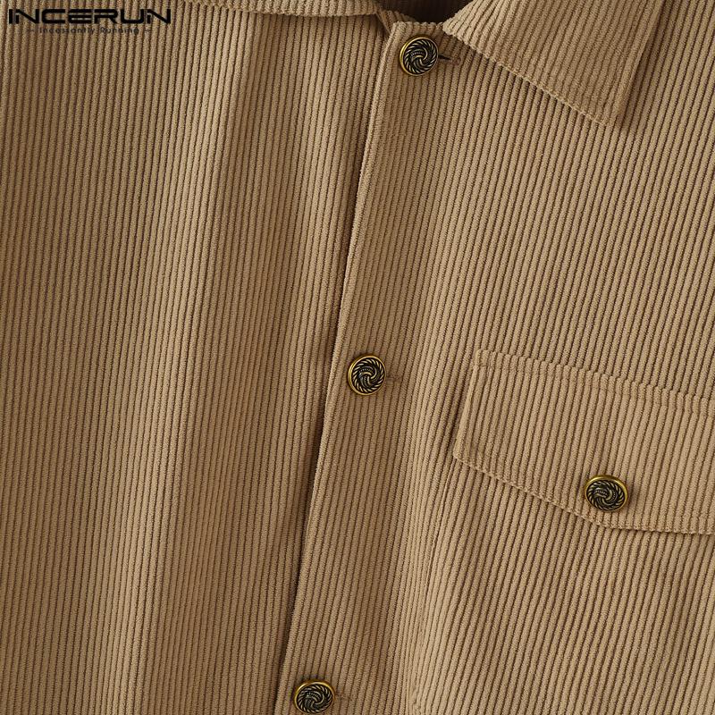 INCERUN 2PCS Autumn Men Lapel Neck Corduroy Long Sleeve Shirt Long Straight Pants Sets Outfits
