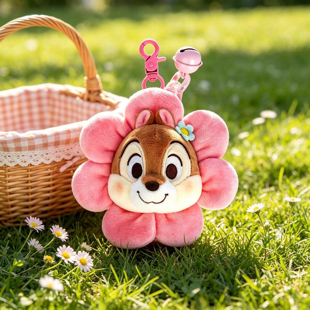 Official Licensed Chip N Dale Flower Plush Keychain 11cm Cute Squirrel Soft Stuffed Doll Bag Pendant Kawaii Key Ring for