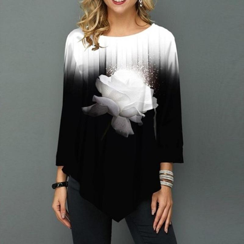 Dames Mode Bedrukt Casual Onregelmatige Zoom Ronde Hals 3/4 Mouwen Plus Size Luipaardprint T-shirt Losse Pullover Herfst Winter Blouse