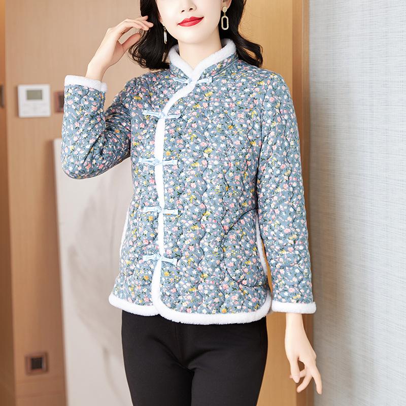 Iarnă Nou Nou Chinezesc Floral Jachetă cu mânecă lungă Feminitate Retro Palton căptușit cu bumbac