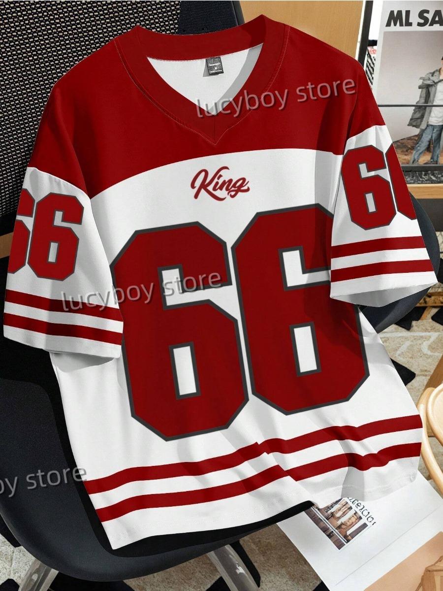 Tooyoo Herennummer 66 Letter 3D KING Print T-shirt Heren Korte Mouw Sportkleding Voetbal T-shirt Vintage Oversize Kleding M